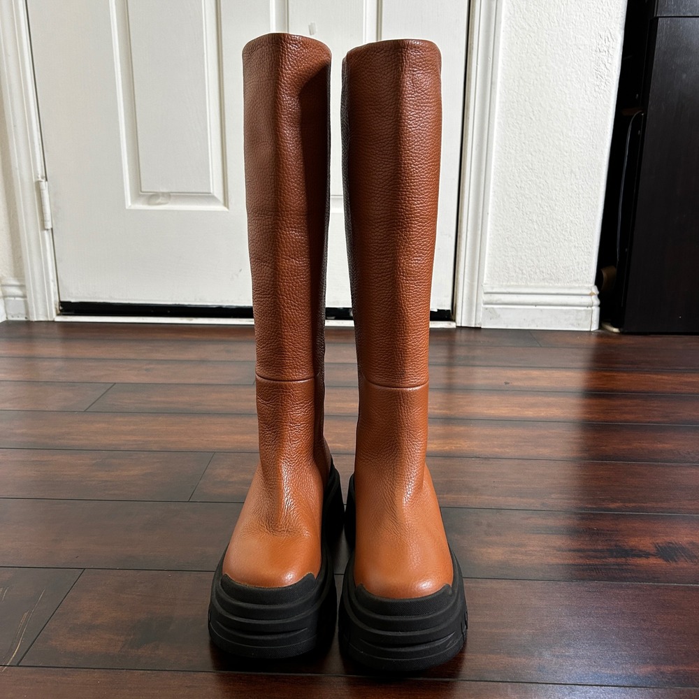 NWOB $382 Lemare Tall Pebbled Leather Lug Sole Boots Women 38 Tan Italian Combat - Picture 2 of 10